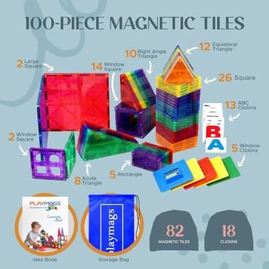 Playmags Magnetic Tiles for Kids – 100pcs Magnet Building Set for Toddlers Ages 1-5 | Stem Montessori Toy for 2 3 4 Year Old Boys & Girls | Toys for Toddlers, Preschool & Middle School Children - Image 4