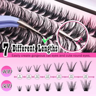 FANXITON DIY Lash Extension Kit Volume Lash Clusters 40D+50D D Curvature Individual Lashes Lash Clusters Kit Thick Eyelash Extension Kit 280 pcs Thin Band Cluster Lashes Lash Bond and Seal Tweezers - Image 5