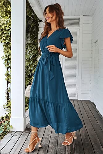 PRETTYGARDEN Women's Summer Floral Boho Dress Wrap V Neck Short Sleeve Ruffle A-Line Flowy Maxi Wedding Guest Dresses (Solid Lake Blue,XX-Large) - Image 8