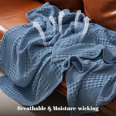 PHF 100% Cotton Waffle Weave Blanket Queen Size for Bed, Soft Lightweight & Breathable, All-Season Comfort, Luxury Aesthetic Woven Bedding for Home Decor, 90"x90", Captain's Blue - Image 3