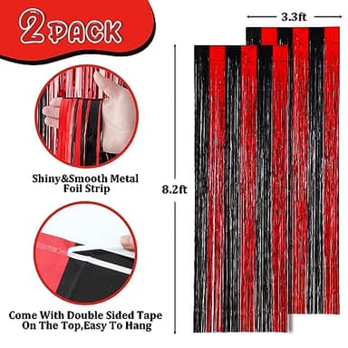 Voircoloria 2 Pack 3.3x8.2 Feet Red and Black Foil Fringe Backdrop Curtains, Tinsel Streamers Birthday Party Decorations, Fringe Backdrop for Graduation, Movie Night, Horror Party - Image 3