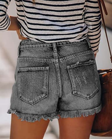 Angerella Women's Basic Denim Summer Shorts Mid Rise Raw Hem Ripped Stretchy Jeans Street Short Grey L - Image 4