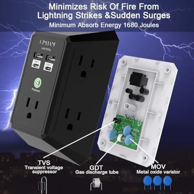 USB Wall Charger, Surge Protector, QINLIANF 5 Outlet Extender with 4 USB Charging Ports (4.8A Total) 3-Sided 1680J Power Strip Multi Plug Outlets Wall Adapter Spaced for Home Travel Office(2U2C),Black - Image 6