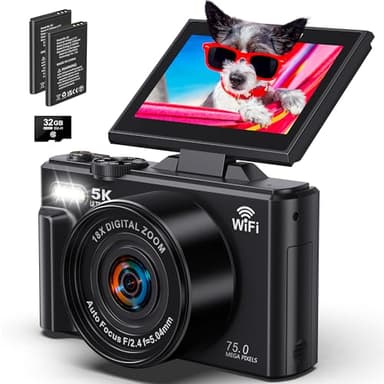 5K Digital Camera for Photography - WiFi 75MP Vlogging Cameras for YouTube - UHD Autofocus Video Camera 3" 180° Flip Screen with 18X Zoom - Compact Vlog Travel Camara with 32GB SD Card, 2 Batteries - Image 1