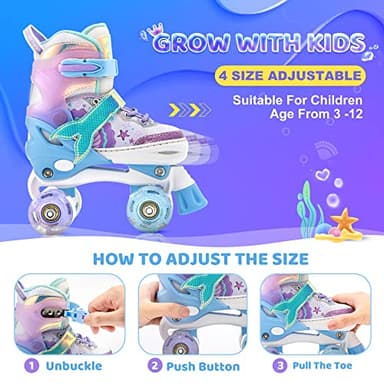 NEMONE Mermaid 4 Size Adjustable Light up Roller Skates for Girls, Blue Purple Skates for Toddlers, Beginner Kids Roller Skates Indoor Outdoor (Blue S) - Image 2