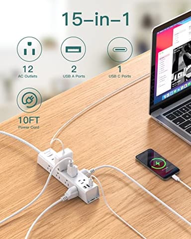Surge Protector Power Strip - 10 FT Extension Cord, Power Strip with 12 Widely AC Outlet 3 USB, Flat Plug, Wall Mount Overload Protection, 1050J, Desk Charging Station for Home Office, ETL Listed - Image 2