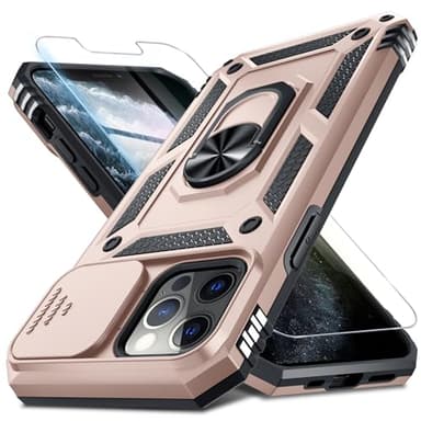 Janmitta Case for iPhone 16e Phone Cover Built in Slide Camera Lens Cover+Screen Protector,Heavy Duty Shockproof Full Body PhoneCase with Finger Ring Holder Kickstand,2025 Rose Gold - Image 1