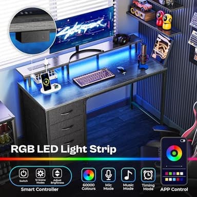 Huuger 47 Inch Computer Desk with Power Outlets and LED Lights, Gaming Desk with 4 Drawers, Office Desk with Monitor Stand, Study Desk Work Desk for Home Office, Small Spaces, Gray - Image 5