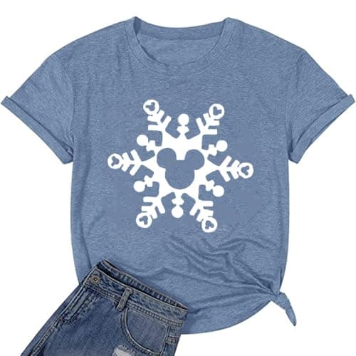 Magic Christmas Shirts for Women Cute Snowflake Graphic Tees Winter Letter Print Short Sleeve Xmas Tops-M (Ink Blue) - Image 1