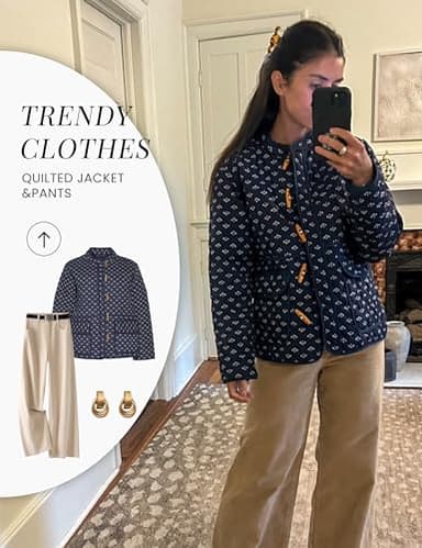 Dqbeng Womens Quilted Jacket Lightweight Floral Print Button Down Padded Puffer Cardigan Coat Outwear (Navy-L) - Image 2