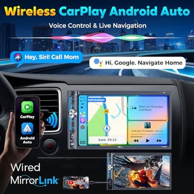 PLZ 7" Wireless Double Din Car Stereo Apple Carplay Radio Screen for Car Audio Receivers, Bluetooth 5.3 Car Play Android Auto Touchscreen, 240W 4.2 CHN 2 Subwoofers Outputs, Backup Camera, SWC, FM/AM - Image 2