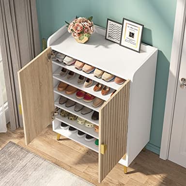 Tribesigns Shoe Cabinet with Doors, 7-Tier Shoe Storage Cabinet with Adjustable Shelves, Wooden Shoes Rack Shoe Storage Organizer for Entryway, Hallway, Closet, Living Room, Wood and Gold - Image 7