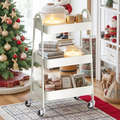 Sweetcrispy 3 Tier Metal Storage Utility Cart with Wheels, Kitchen Organizer Trolley Rolling Bathroom Laundry Room Bar Office Shelves Mobile Shelving Unit Caster for Snack Bedside Narrow Places, White - Image 9