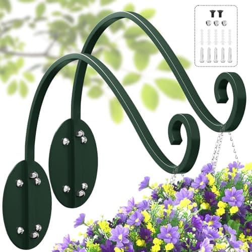 2-Pack 16” Plant Hanger Bracket: Heavy-Duty Plant Hangers Outdoor - Hand-Forged Wrought Iron Plant Hanging Hooks Bird Feeder Hanger - Green Curved Wall Hooks for Baskets, Flower, Indoor & Outdoor - Image 1