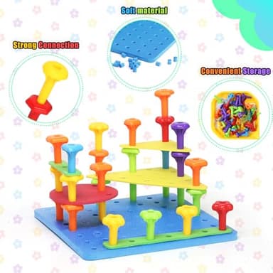 Peg Board Toy set 73Pcs DIY Building Stacking Toys for Kids 3-6 Years Old,STEM Educational Kids Toy for Brain Development,Montessori Sensory Toys,Upgrade Various Foam Board Plastic Lacing String Game - Image 5