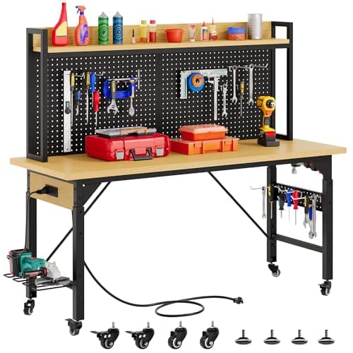 DWVO 60" Adjustable Workbench with Pegboard, Heavy Duty Wood Top Work Bench with Wheels, 1600 LBS Load Capacity, Rolling Work Table with AC/USB Outlet, Hooks, Rack for Garage, Workshop, Office, Home - Image 1