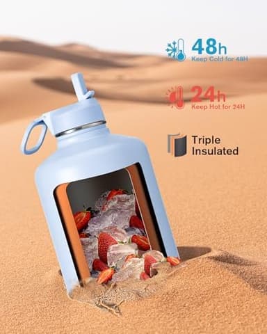 Coolflask 128 oz Gallon Water Bottle Insulated with Straw&3 Lids, Water Jug Large Stainless Steel Metal Vacuum Wide Mouth for Sports, Gym or Office, Non-BPA Keep Cold 48H Hot 24H, Light Blue - Image 3