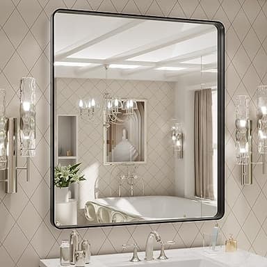 LOAAO 32x36 Inch Black Metal Framed Bathroom Mirror for Wall, Matte Black Bathroom Vanity Mirror Farmhouse, Large Rounded Rectangle Mirror, Anti-Rust, Tempered Glass, Hangs Horizontally or Vertically - Image 1