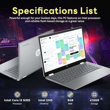 HP 14" 2-in-1 FHD Touchscreen Chromebook Plus Laptop, Intel i3-N305, 8GB LPDDR5, 416GB Storage(256GB SSD+160GB Docking Station), UHD Graphics, FHD Camera, Fast Charge, Wi-Fi 6E, Chrome OS, Silver - Image 3