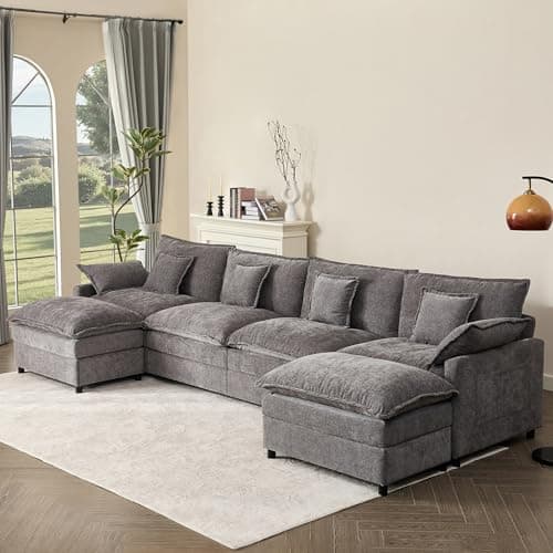 GOSUHI 142.5" U Shaped Couch, Modular Sectional Sofa, 3-Seater Comfy Cloud Couch with Movable Ottoman, Deep Seat Couches for Living Room, Chenille, Slate - Image 1
