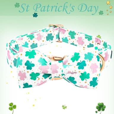 Bobo Rainbow St Patrick's Dog Collar with Bowtie-Trefoil Dog Collar Adjustable Cute Pet Collar Cotton Clovers Dog Collar Dog Collar Holiday Puppy Collar Metal Buckle Collar Gift for Small Dogs - Image 3