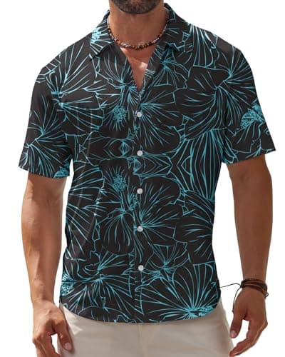 BOJIN Men's Hawaiian Wrinkle Free Short Sleeve Button Down Tropical Floral Beach Vacation Shirt A025 Blue Lines Flowers Black L - Image 1