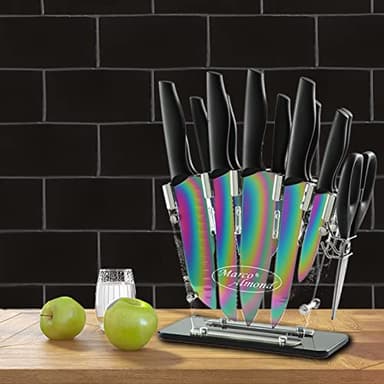 Marco Almond® Knife Block Set,14-Piece Rainbow Color Stainless Steel Knife Sets for Kitchen with block, KYA35 Chef Cooking Knives Set with Acrylic Stand - Image 6