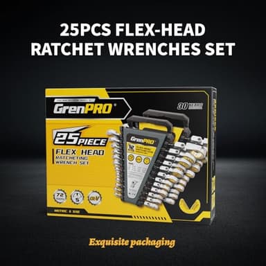 GRENPRO Wrench Set, Ratchet Wrenches Set, 25PC Flex-Head Ratcheting Wrench Set SAE&Metric and Standard 1/4" to 7/8"&8-19mm with Gauge Organizer, 72 Tooth Mechanic Tool Open End Combination Wrench Sets - Image 7