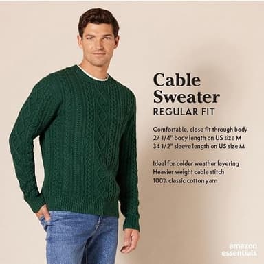 Amazon Essentials Men's Long-Sleeve 100% Cotton Fisherman Cable Crewneck Sweater, Dark Green, Medium - Image 2
