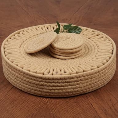 AHHFSMEI Round Woven Placemats Set of 6,13 inches Natural Cotton Blend Farmhouse Hand-Woven Place Mats Braided Rattan Table Mats for Dining Table(Light Brown Flower) - Image 2
