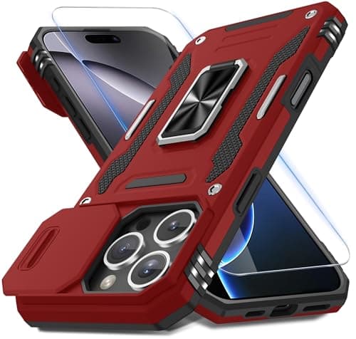 DEERLAMN Case for iPhone 16 Pro Max with Slide Camera Cover+Screen Protector (1 Pack), Rotated Ring Kickstand Military Grade Shockproof Protective Cover-Red - Image 1