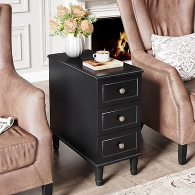 Tribesigns Solid Wood End Table, Fully Assembled Narrow Side Table with Drawers, Pre-Assembled Nightstand Slim Bedside Table for Small Spaces, Living Room, Bedroom, Black - Image 3