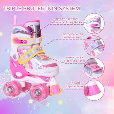Toddler Roller Skates for Little Kids Toddler Ages 3-5 3 4 5, 4 Size Adjustable Girls Rainbow Unicorn Quad Skates with All Light Up Wheels - Best Birthday Gift for Outdoor Sports - Image 4