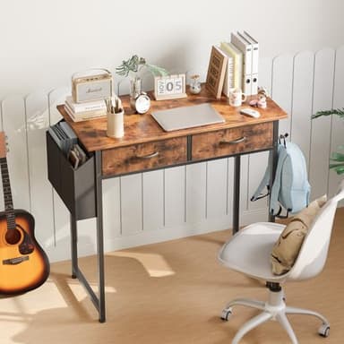 Sweetcrispy Computer Desk Small 32 Inch Home Office Bedroom Writing Study PC Table with Fabric Storage Drawers Space Side Bag Headphone Hook Adjustable Feet Modern Simple Style, Rustic Brown - Image 8