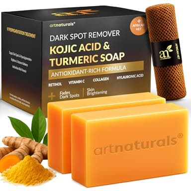 Kojic Acid Soap + African Net Sponge (2 pack X 142g Turmeric bars) Dark spot remover & Scars - Original Japanese Complex Vitamin C, Hyaluronic Acid, retinol, shea butter (Citrus) - Image 1