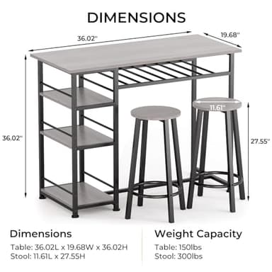 COMHOMA Dining Table Set for 2, Counter Height Kitchen Table and Chairs with Storage Shelves & Wine Rack, Bar Table Set with 2 Bar Stools, 3 Piece Dining Room Table Set for Small Space, Retro Grey - Image 3