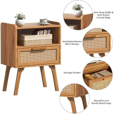 Lerliuo Rattan Nightstands Set of 2, Side Table with Drawer, Cane Accent Bedside End Table with Solid Wood Legs, Mid Century Modern Night Stand for Bedroom, Dorm and Small Spaces (Tea Brown) - Image 7