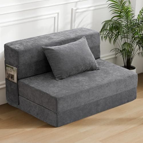 HOMFINE Folding Sofa Bed - Convertible Sleeper Chair with Pillow, Fold Out Couch, Memory Foam Floor Mattress, Futon Couch, Lazy Sofa for Living Room/Dorm/Guest Room/Home Office, Twin, Grey - Image 1