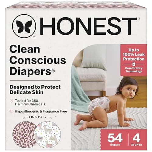 The Honest Company Clean Conscious Diapers for Delicate Skin | Up to 100% Leakproof | Hypoallergenic, Fragrance Free | Girl Prints | Club Box, Size 4 (22-37 lbs), 54 Count (Prints May Vary) - Image 1