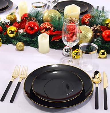 Nervure 100PCS Black and Gold Plastic Plates - 10.25 inch Black Disposable Plates - Gold Rim Dinner Plate - Black Dinner Plate Ideal for Wedding & Party & Halloween - Image 8