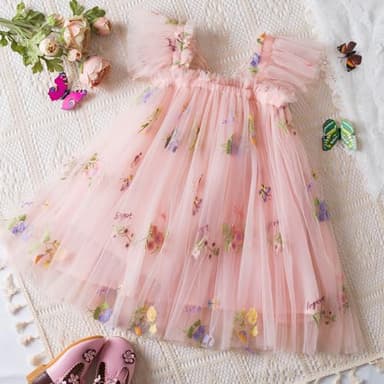 NNJXD Baby Girl Flower Embroidery Tulle Dress Butterfly Toddler Birthday Party Dresses 2109 Pink Size(110) 3-4 Years - Image 2