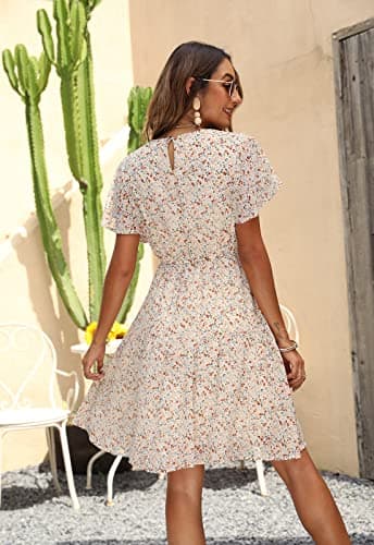 Manydress Women's Chiffon Floral Casual Summer Boho Flutter Sleeve Flowy Skater Western Dress MY112 (Beige Print, M) - Image 2