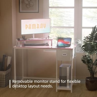 Pamray 39 Inch Computer Desk with Monitor Stand Small Home Office Desks with Non-Woven Storage Drawer for Bedroom Study Table Writing and Work Desk Pink - Image 4