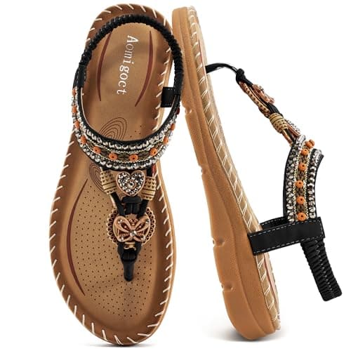 Aomigoct Sandals Women Flat Shoes: Dressy Summer Bohemian Flats Shoes for Women Sandals Comfortable Ankle Strap Outdoor Walking - Image 1