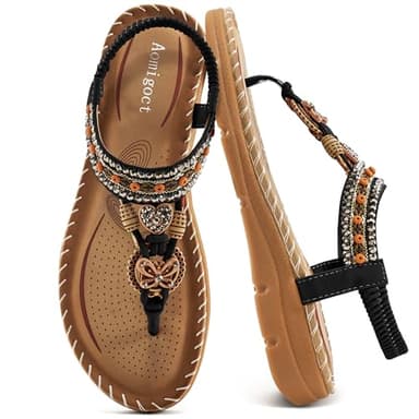 Aomigoct Sandals Women Flat Shoes: Dressy Summer Bohemian Flats Shoes for Women Sandals Comfortable Ankle Strap Outdoor Walking - Image 1