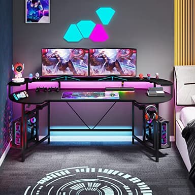 Tribesigns 75 Inch Gaming Desk with Monitor Shelf, Large PC Computer Desk with LED Lights, Gaming Table Gamer Desk for Bedroom, Home Office, Black - Image 3
