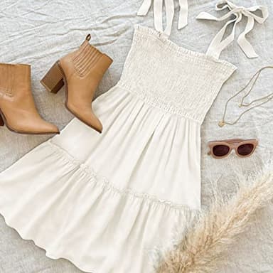 ZESICA Women's 2025 Summer Spaghetti Strap Sleeveless Square Neck Ruffle A Line Swing Mini Dress,Ivory,Small - Image 6