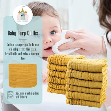 Cute Castle 12 Pack Muslin Burp Cloths for Baby - Ultra-Soft 100% Cotton Baby Washcloths - Large 20'' by 10'' Super Absorbent Milk Spit Up Rags - Burpy Cloths for Unisex, Boy, Girl - Honey - Image 3