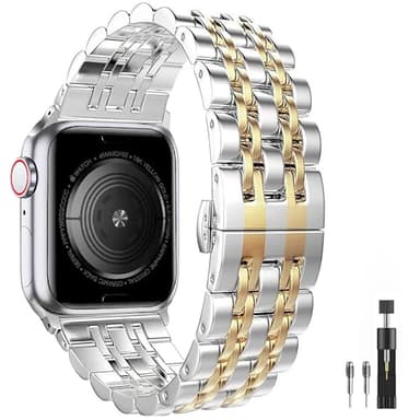 PUGO TOP Bands Replacement for Apple Watch 38mm Series 3 2 1 40mm Series 6 5 4 SE 41mm Series 7 8 9, Stainless Steel iWatch iPhone Watch Bracelet 2 Tones for Men Women(38mm/40mm/41mm, Silver/Gold) - Image 1