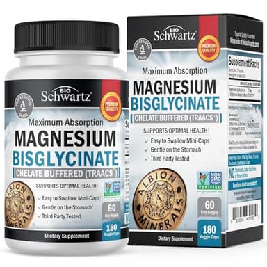 Magnesium Bisglycinate Chelated Supplement - High Absorption Magnesium Supplement for Muscle, Bone & Joint Support - Non-GMO, Non-Laxative, Fully Buffered for Maximum Bioavailability - 180 Capsules - Image 1